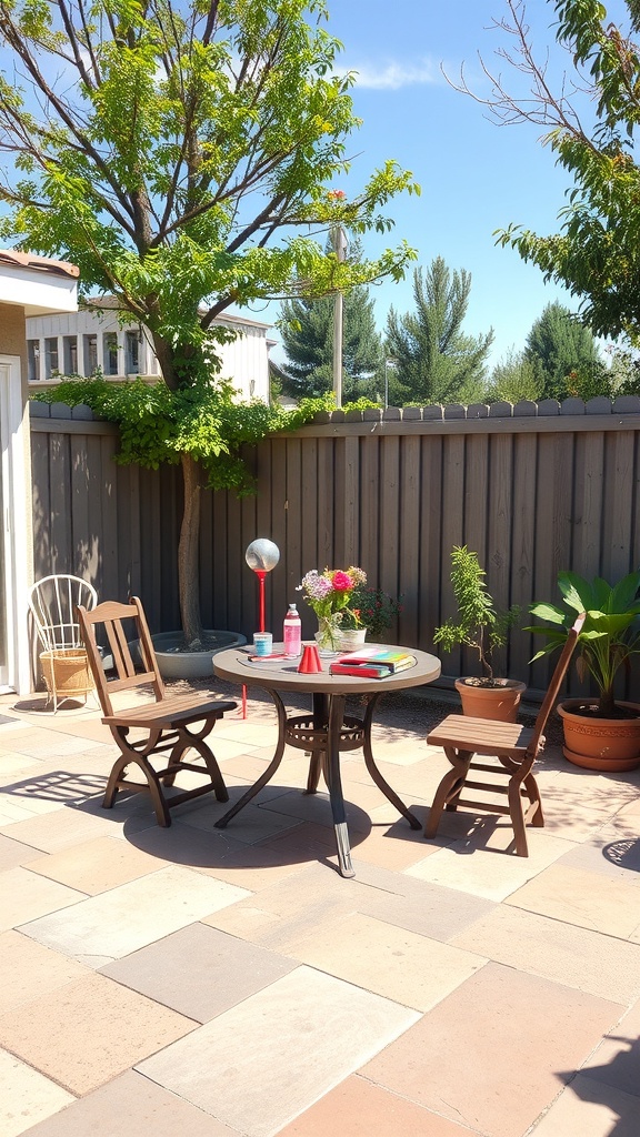 A small outdoor patio with a round table and two chairs, surrounded by greenery.