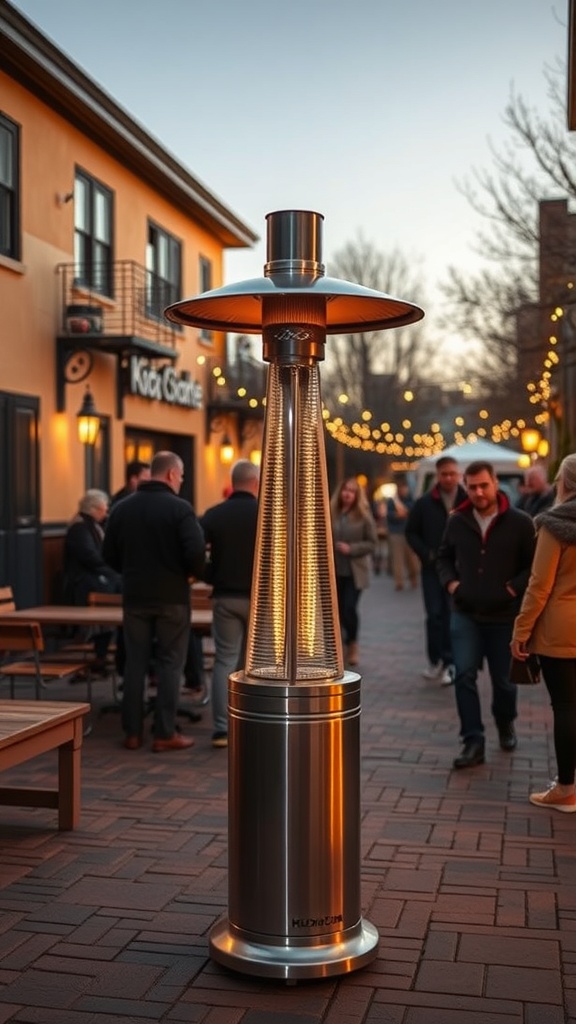 An outdoor heater in a lively setting with people enjoying the evening.