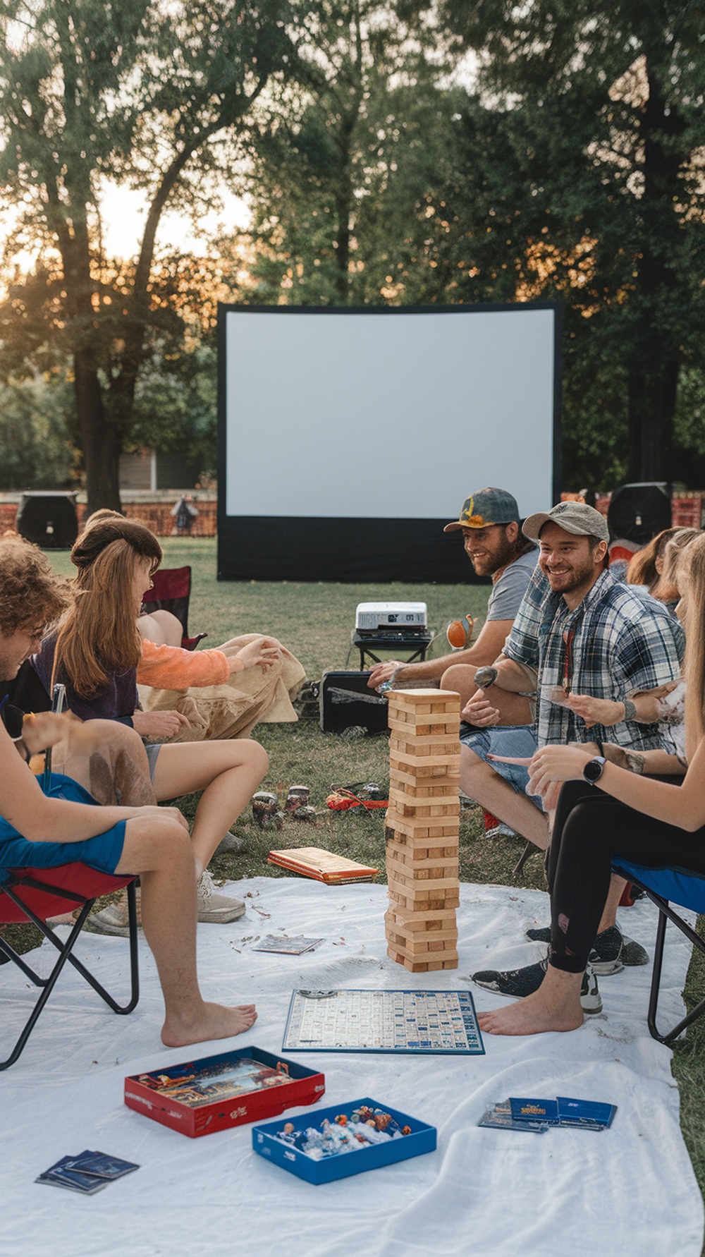 Friends enjoying outdoor movie night with games and a big screen