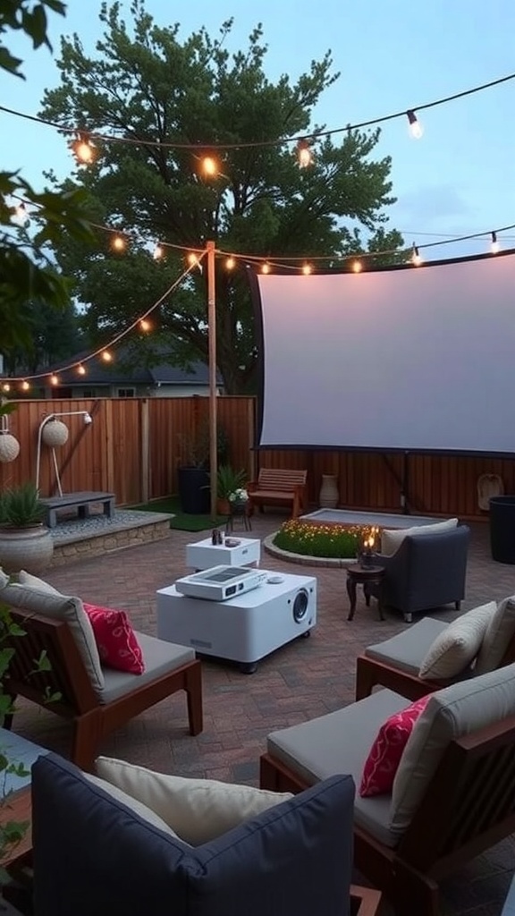 Cozy outdoor movie setup with chairs, a fire pit, and string lights.