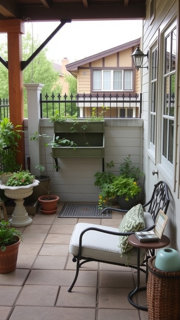 A cozy outdoor reading nook featuring a comfortable chair, a small table with a book, and surrounding plants.