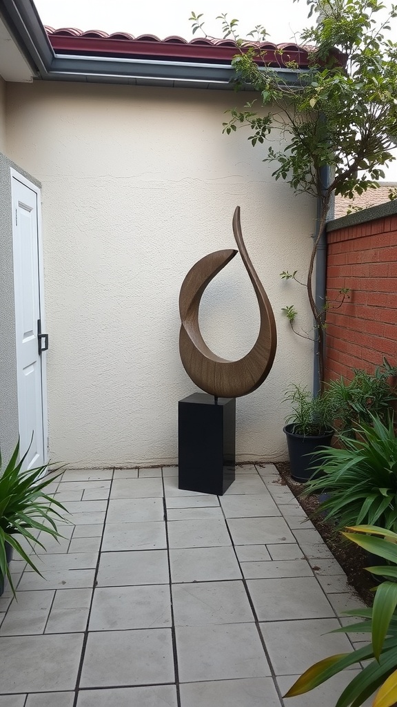 A modern outdoor sculpture displayed on a patio surrounded by plants.