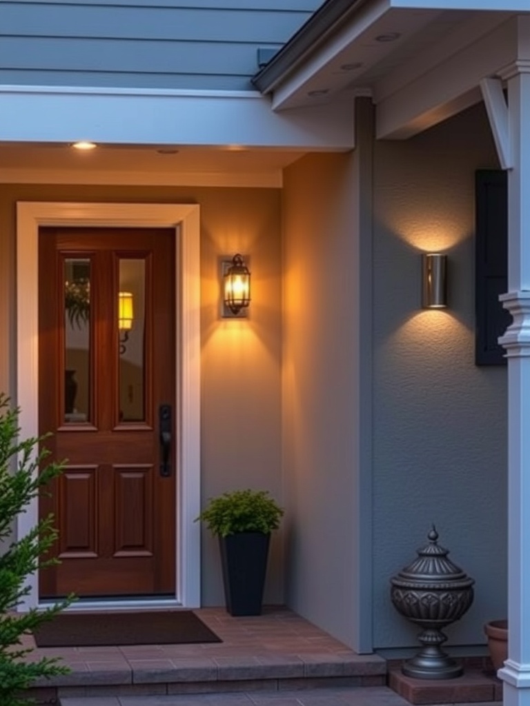 A cozy entrance with stylish outdoor wall sconces illuminating the door area.