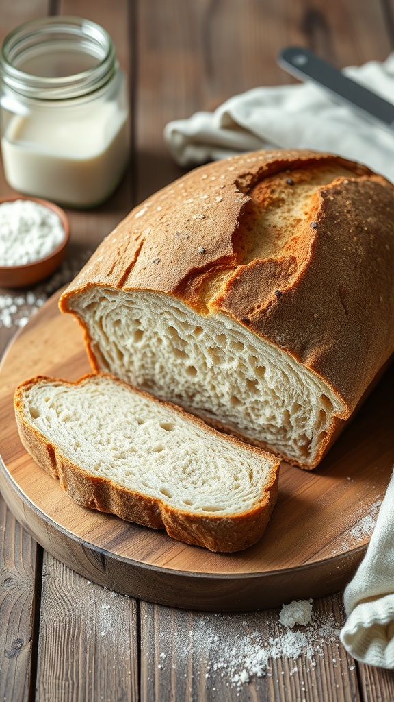 A freshly baked loaf of sourdough bread sliced on a wooden board, surrounded by flour and a jar of milk.