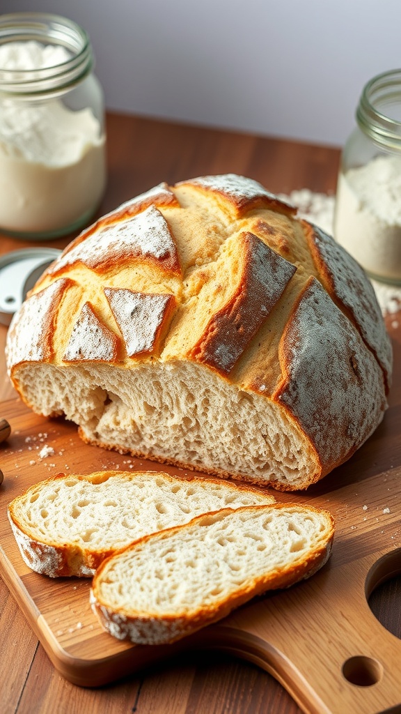 A freshly baked sourdough bread loaf with slices on a wooden board, surrounded by jars of flour.