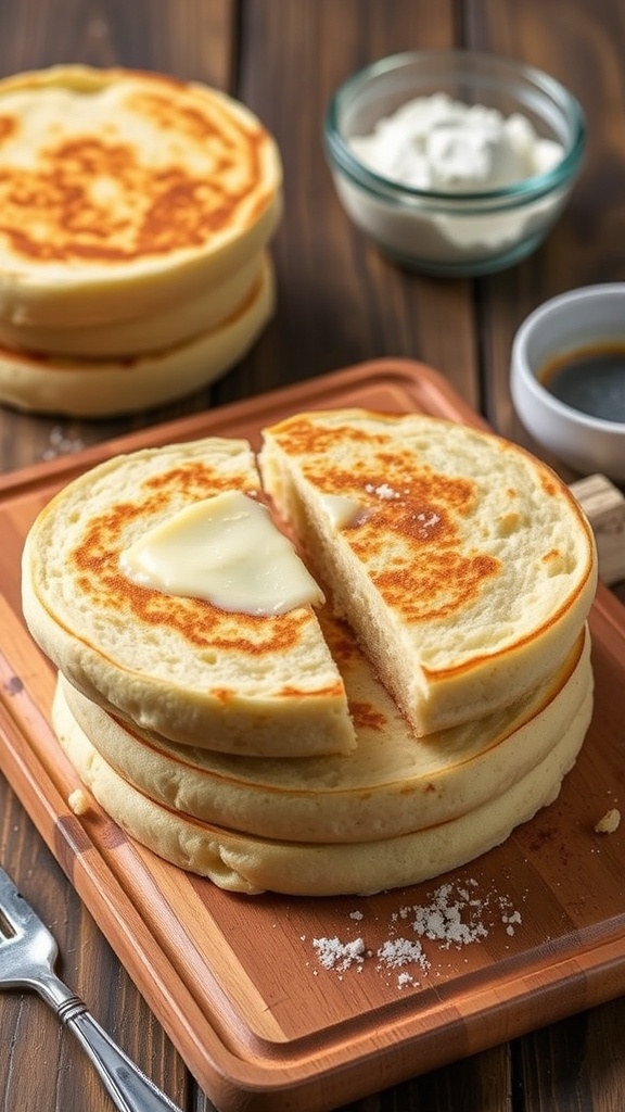 Overnight Sourdough English Muffins with butter and toppings