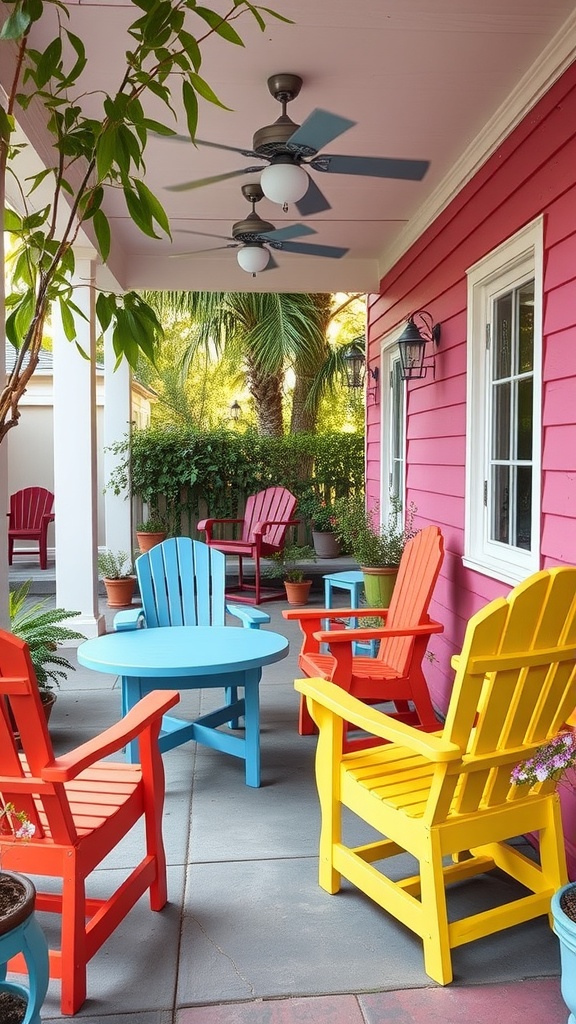 Colorful outdoor patio with painted furniture including blue, red, and yellow chairs and a round table