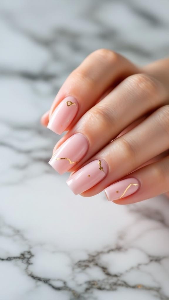 A hand with pale blush nails featuring gold foil accents on a marble surface.