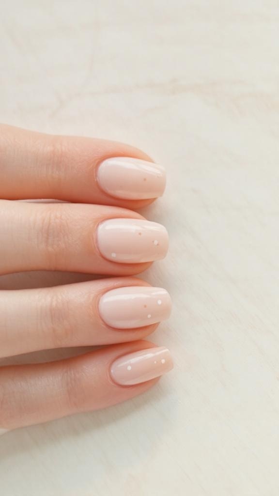 Pale peach nails with white dots on a light background