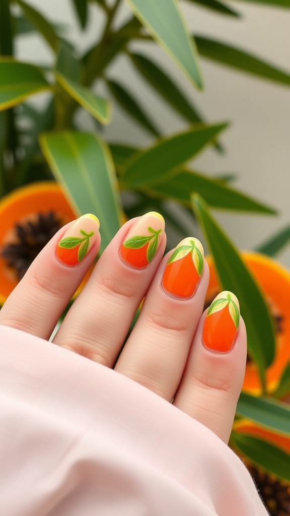 Nail design featuring bright orange base with green leaf accents, inspired by papaya fruit.
