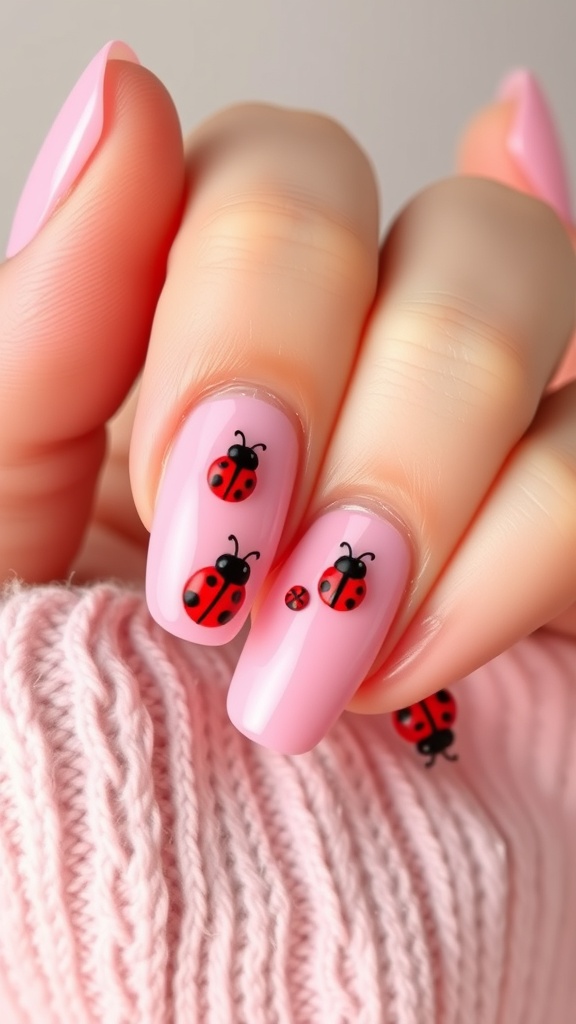 Nails with pastel pink polish featuring cute ladybug designs in red and black.