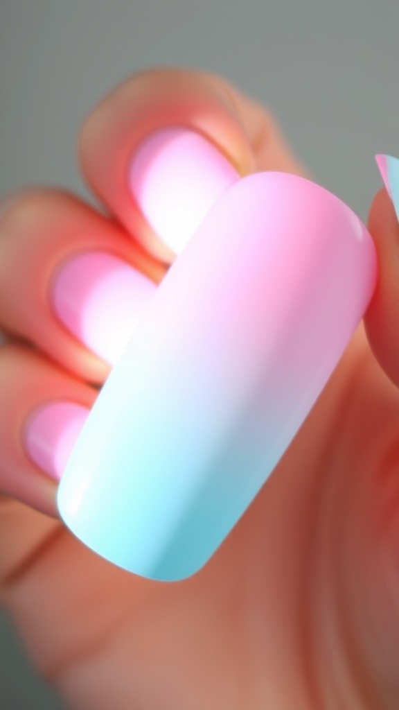 A hand showing pastel ombre nails with pink and blue shades.