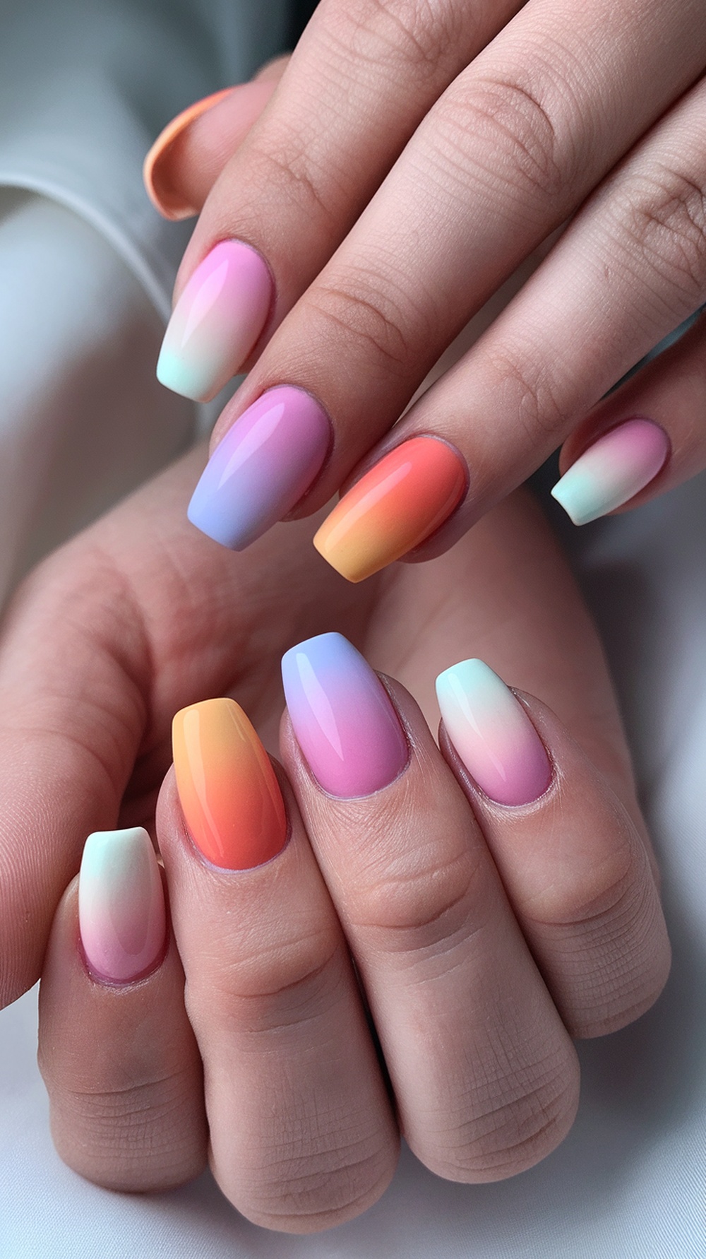 Nails featuring pastel ombre sunset design with shades of pink, orange, and mint green.