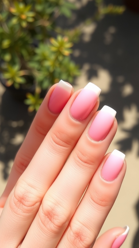 A close-up of pastel pink ombre nails with a gradient effect, featuring a light pink base and white tips, set against a blurred green background.