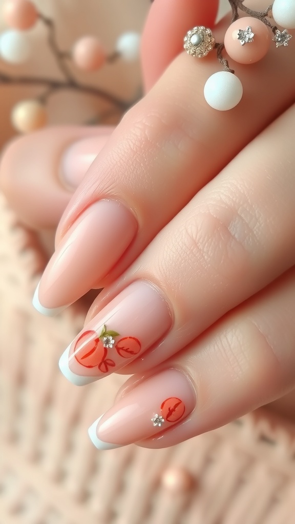 Nails with peach designs and sparkly embellishments on a light pink base.