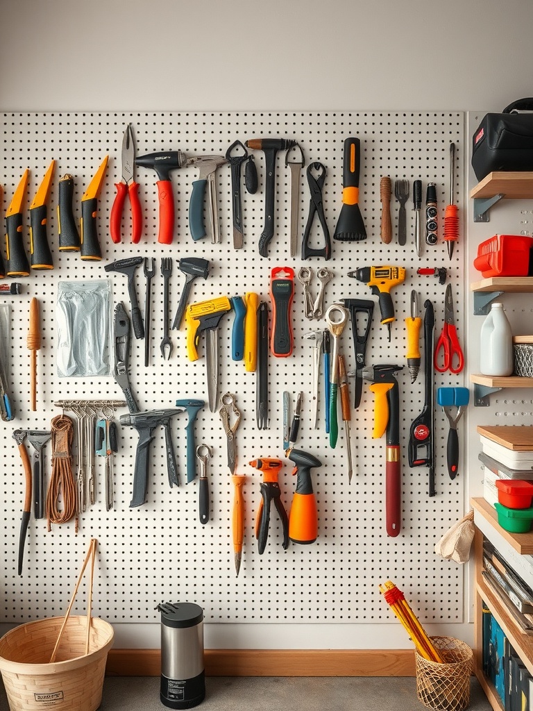 A pegboard filled with various tools organized neatly in a craft room.