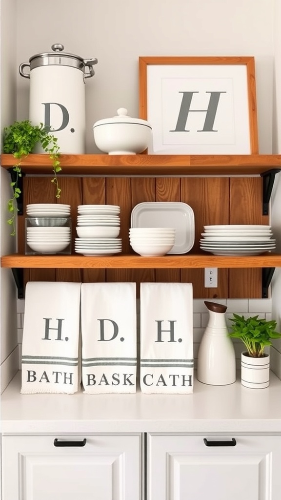 A stylish kitchen shelf with white dishware, personalized towels, and decorative items.