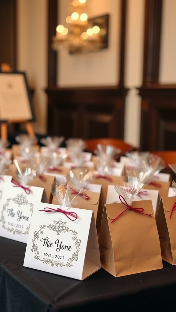Table with personalized party favor bags arranged elegantly