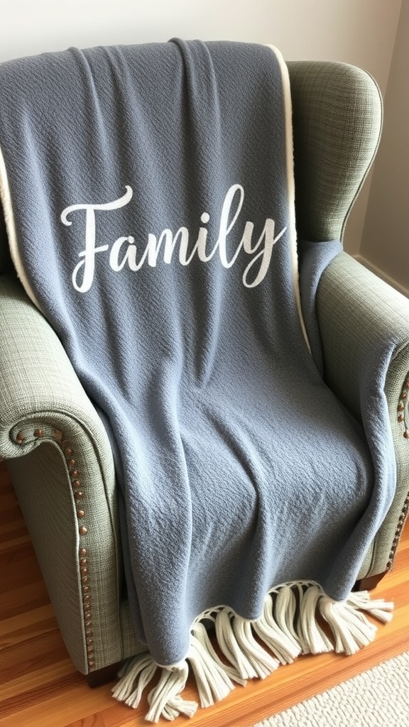 A blue throw blanket with the word 'Family' on it, draped over a green armchair.