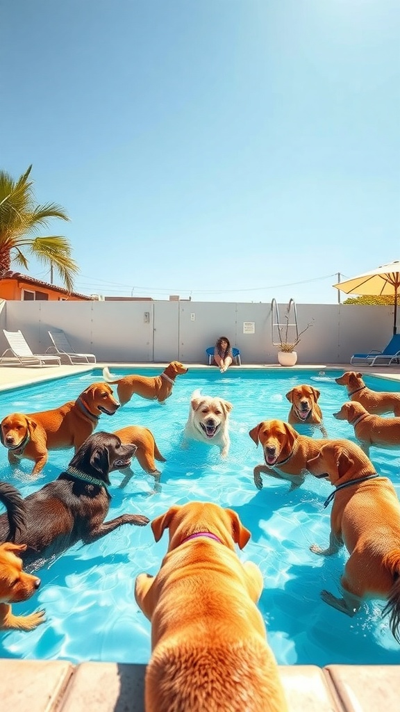 A lively pool party with multiple dogs swimming and playing in the water, while a person relaxes nearby.