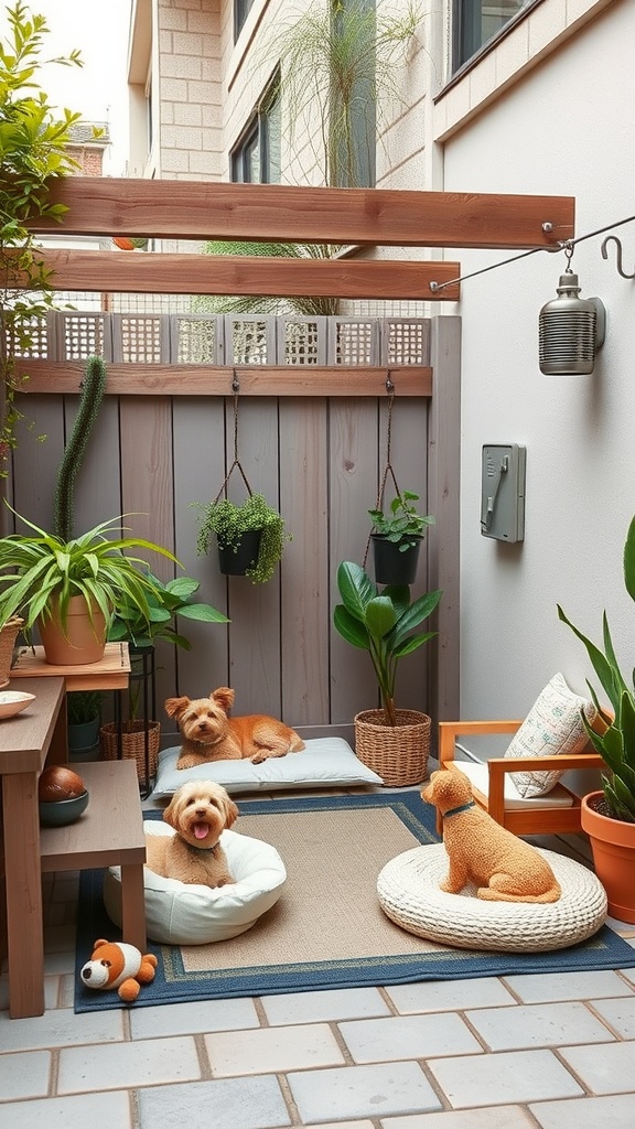 A cozy pet-friendly outdoor patio with two dogs resting on pet beds surrounded by plants and comfortable furniture.