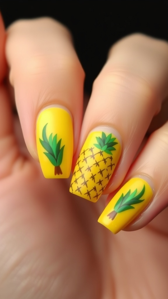 Nails painted in bright yellow with pineapple designs and green leaves.