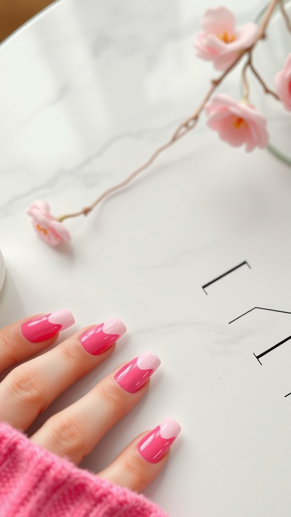 A hand with pink summer nails featuring gold foil accents, resting on a marble surface with pink flowers.