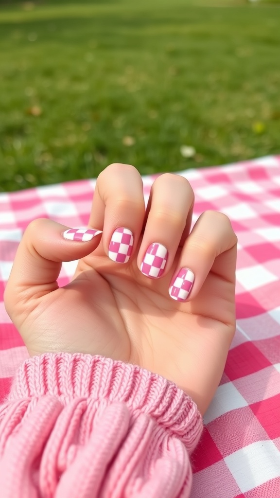 Close-up of a hand with pink and white checkerboard nails, wearing a pink sweater, resting on a pink checkered picnic blanket.