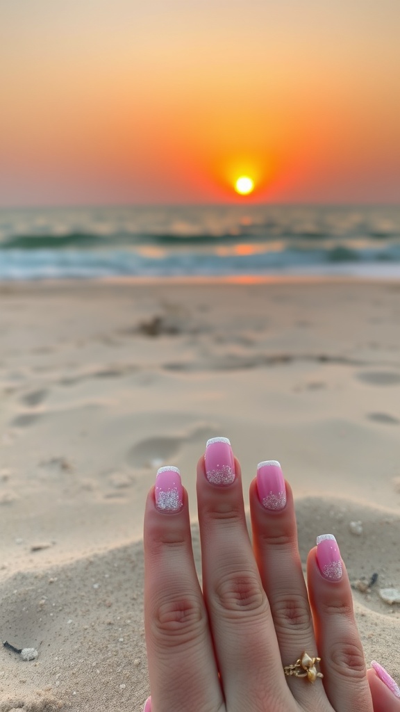 A close-up of pink glitter dipped nails with a sunset and beach in the background.