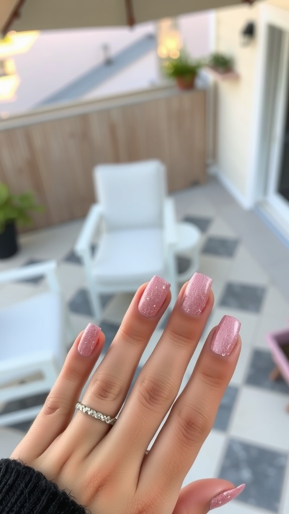 A hand showing pink glitter gradient nails with a delicate ring, set against a stylish outdoor background.