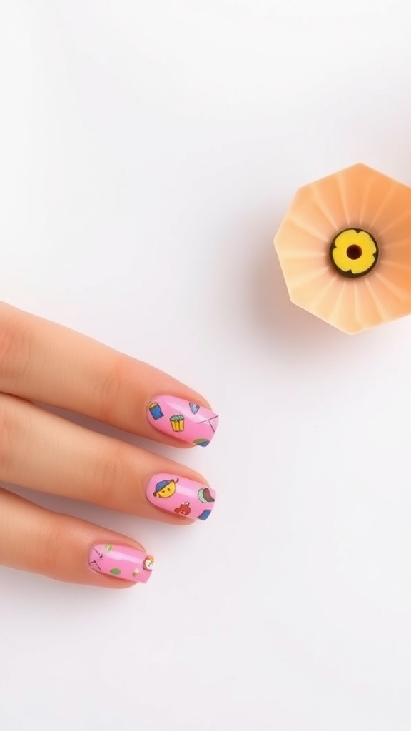 A hand with pink nail wraps featuring colorful designs, next to a decorative flower.