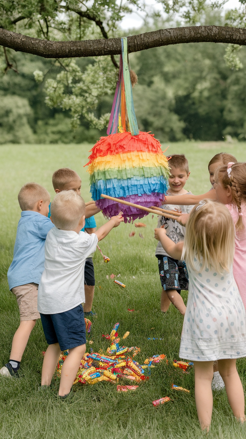 Children excitedly trying to break a colorful piñata hanging from a tree.