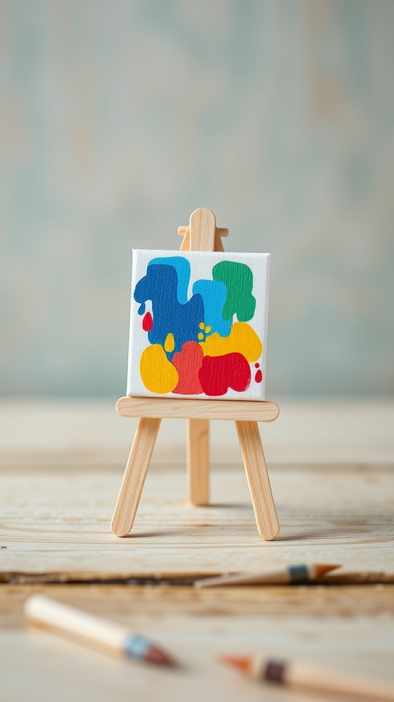 A small art easel made from popsicle sticks, displaying a colorful abstract painting.