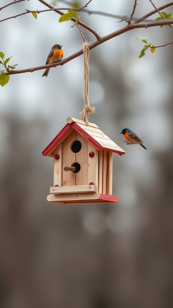 A colorful birdhouse made from popsicle sticks, hanging from a branch with two birds nearby.