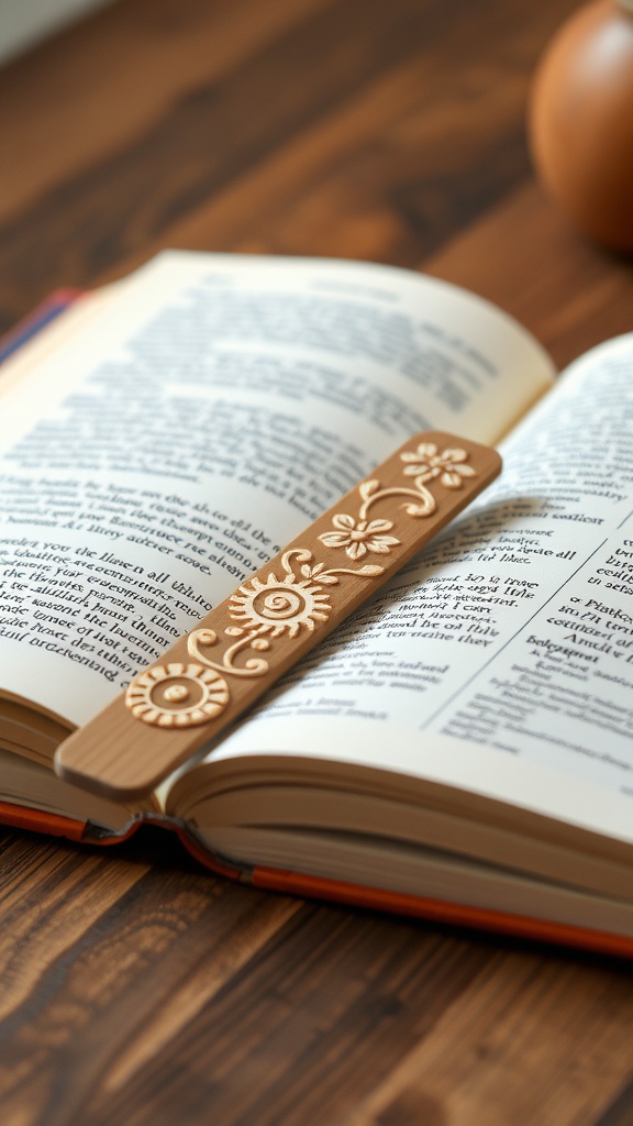 A decorated popsicle stick bookmark on an open book