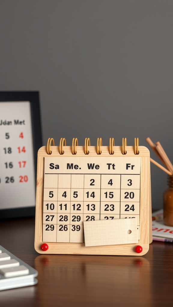 A wooden popsicle stick calendar with a simple design, showing days of the week and dates.