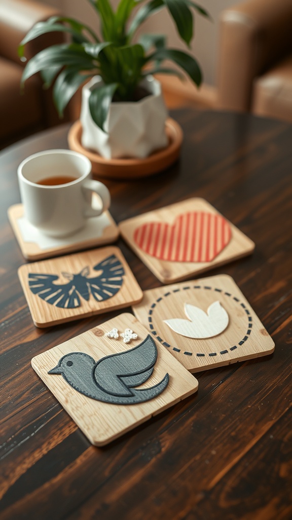 A set of handmade popsicle stick coasters with various designs, including a bird, heart, and flower, placed on a wooden table next to a cup of tea.