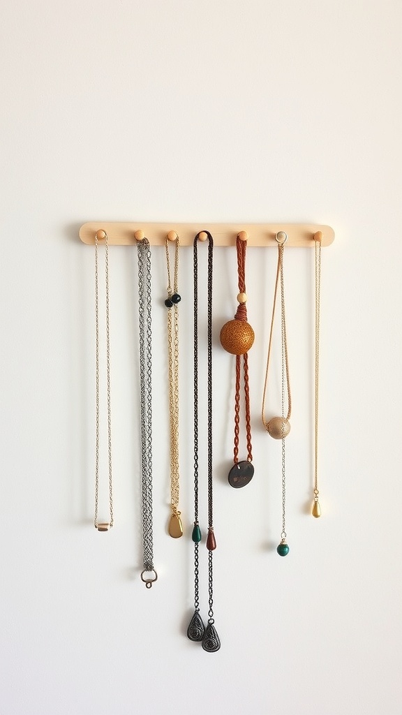 A popsicle stick jewelry holder displaying various necklaces.