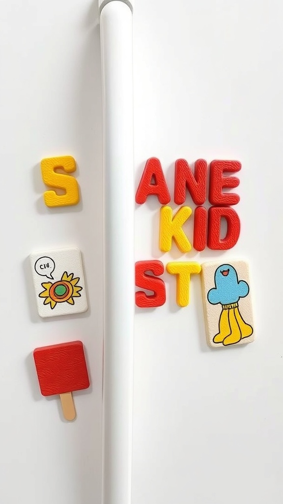 Colorful popsicle stick magnets on a fridge, featuring a popsicle, a flower, and a character.