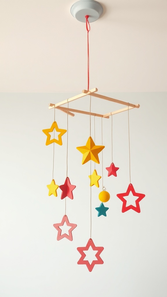 Colorful popsicle stick mobile with stars hanging from a wooden frame.