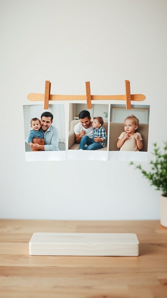 A popsicle stick photo holder displaying three photos on a wooden base.