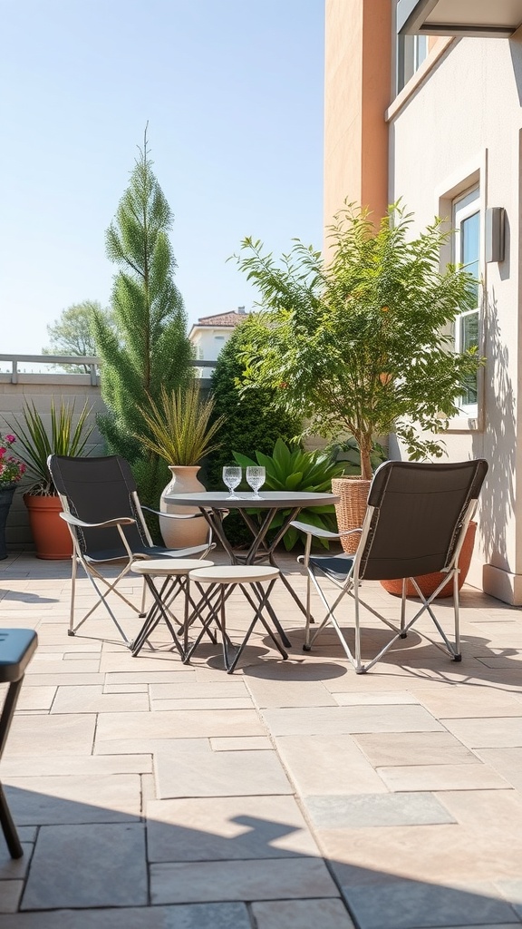 A cozy outdoor patio setup featuring portable folding chairs and a small table surrounded by greenery.