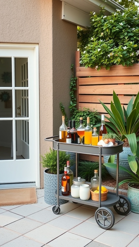 A compact outdoor bar setup with wooden top and stools, surrounded by potted plants and string lights.