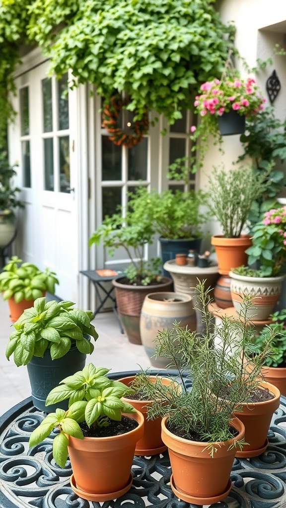 A collection of potted herbs on a table, featuring basil and rosemary, with lush greenery in the background.