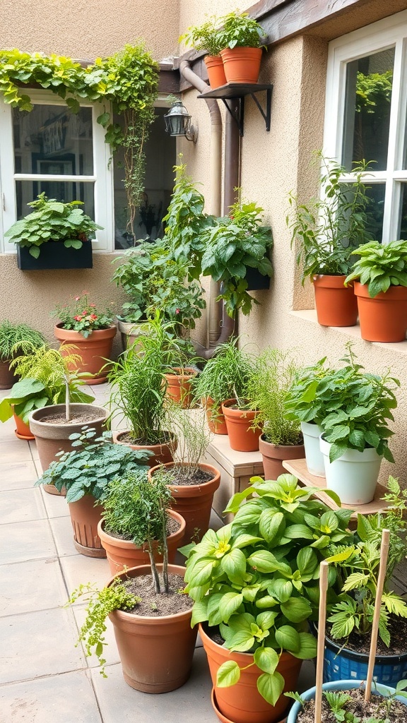 A small outdoor patio with various potted herbs arranged neatly.