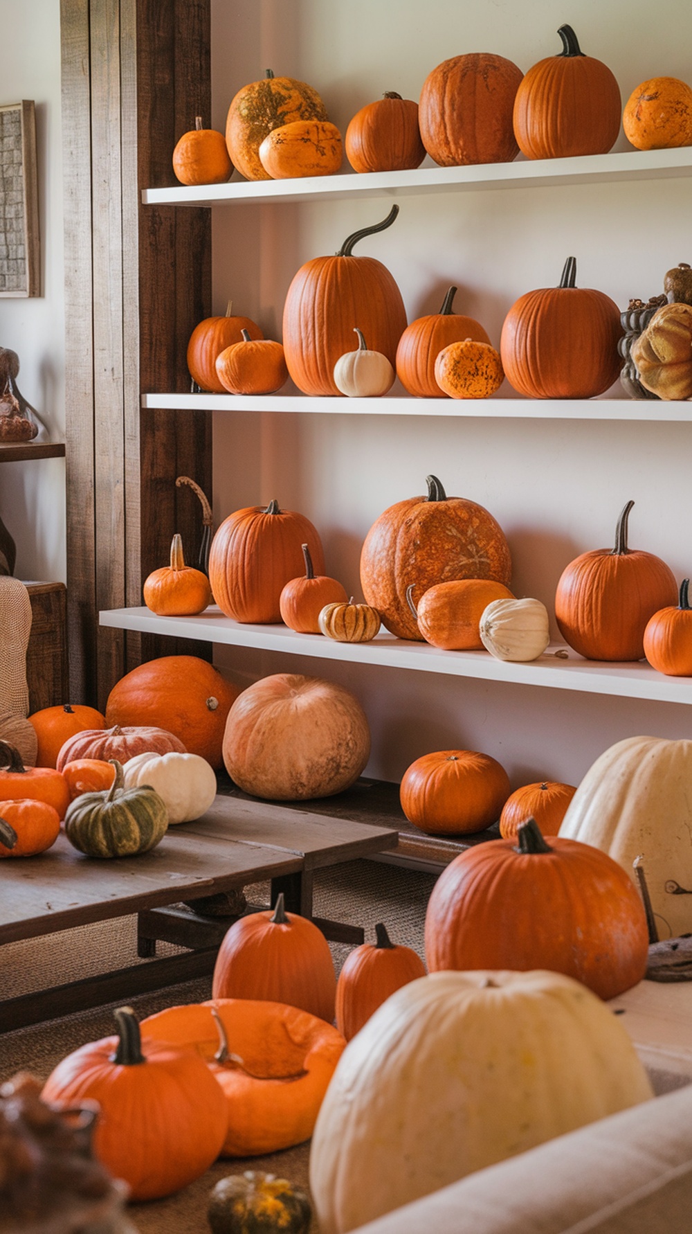 A cozy living room decorated with various pumpkins on shelves and tables.