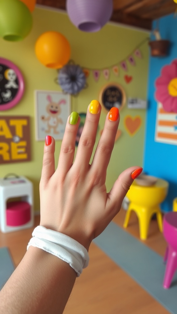 A hand showing rainbow nail art with colorful nails in a playful setting.