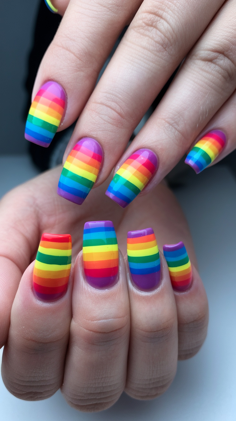 Colorful rainbow striped nail design