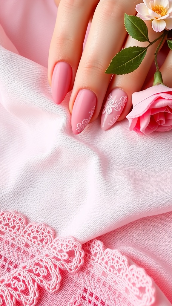 Close-up of hands with raspberry pink nails featuring lace designs, resting on a pink fabric with a rose and leaves.