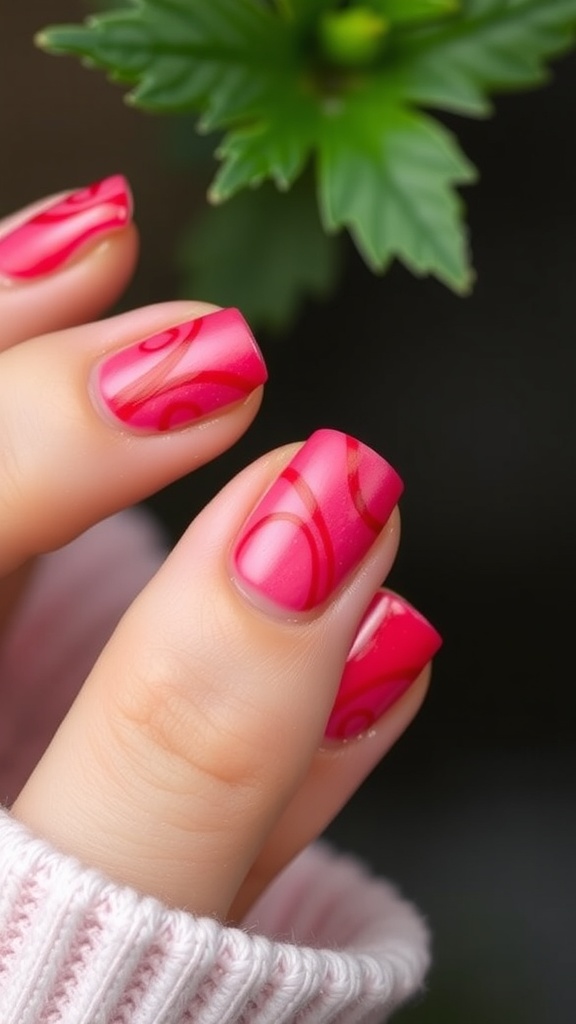 Close-up of raspberry ripple nail art with pink swirls on a hand holding a green leaf.